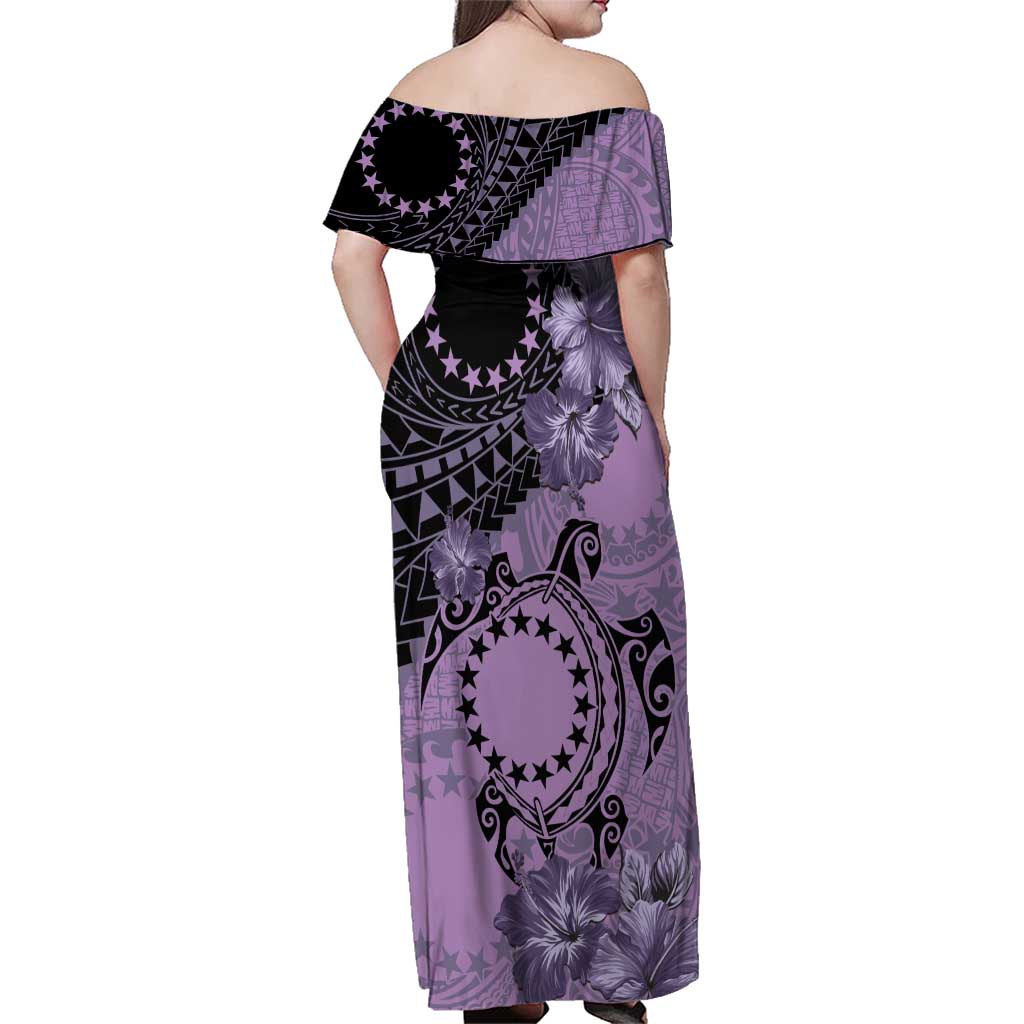 Cook Islands Turtle Family Matching Off Shoulder Maxi Dress and Hawaiian Shirt Stars and Hibiscus - Purple LT01 - Polynesian Pride