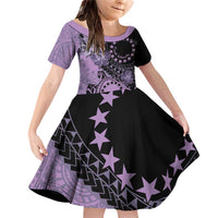Cook Islands Turtle Family Matching Off Shoulder Short Dress and Hawaiian Shirt Stars and Hibiscus - Purple LT01 Daughter's Dress Purple - Polynesian Pride