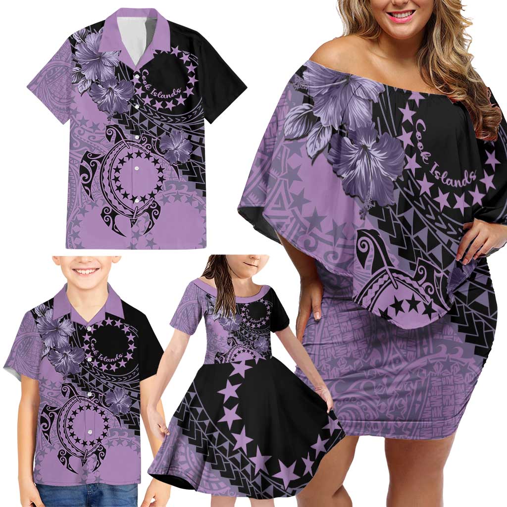 Cook Islands Turtle Family Matching Off Shoulder Short Dress and Hawaiian Shirt Stars and Hibiscus - Purple LT01 - Polynesian Pride