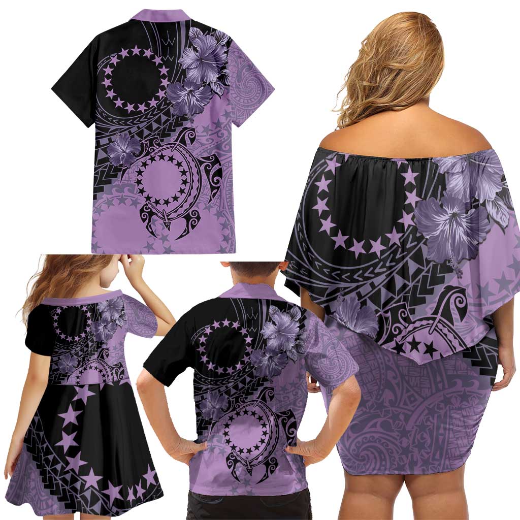 Cook Islands Turtle Family Matching Off Shoulder Short Dress and Hawaiian Shirt Stars and Hibiscus - Purple LT01 - Polynesian Pride