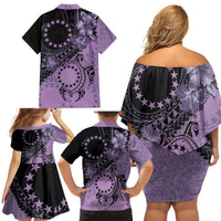 Cook Islands Turtle Family Matching Off Shoulder Short Dress and Hawaiian Shirt Stars and Hibiscus - Purple LT01 - Polynesian Pride