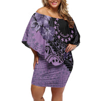Cook Islands Turtle Family Matching Off Shoulder Short Dress and Hawaiian Shirt Stars and Hibiscus - Purple LT01 Mom's Dress Purple - Polynesian Pride