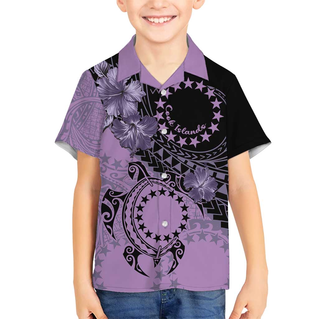 Cook Islands Turtle Family Matching Off Shoulder Short Dress and Hawaiian Shirt Stars and Hibiscus - Purple LT01 Son's Shirt Purple - Polynesian Pride