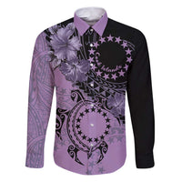 Cook Islands Turtle Family Matching Puletasi and Hawaiian Shirt Stars and Hibiscus - Purple LT01 Dad's Shirt - Long Sleeve Purple - Polynesian Pride