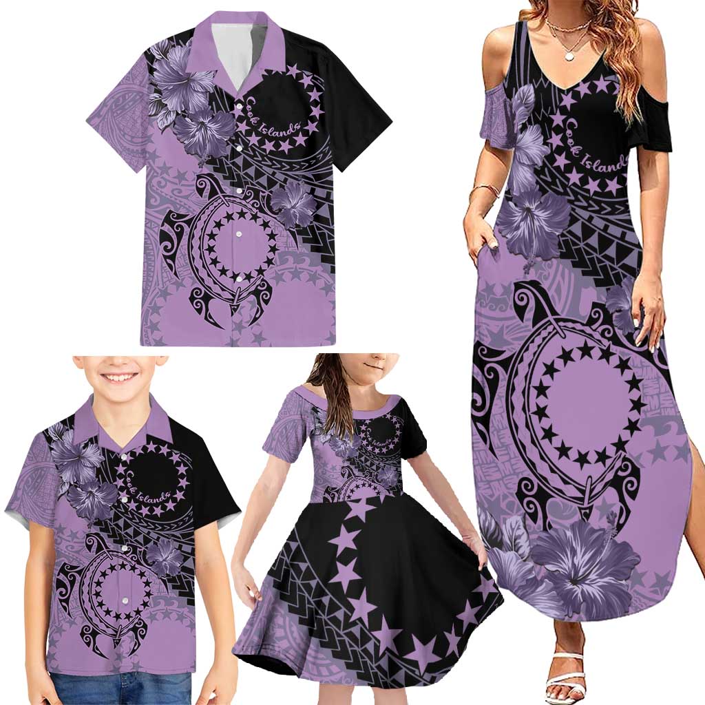 Cook Islands Turtle Family Matching Summer Maxi Dress and Hawaiian Shirt Stars and Hibiscus - Purple LT01 - Polynesian Pride