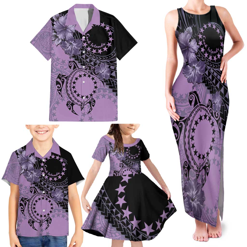Cook Islands Turtle Family Matching Tank Maxi Dress and Hawaiian Shirt Stars and Hibiscus - Purple LT01 - Polynesian Pride