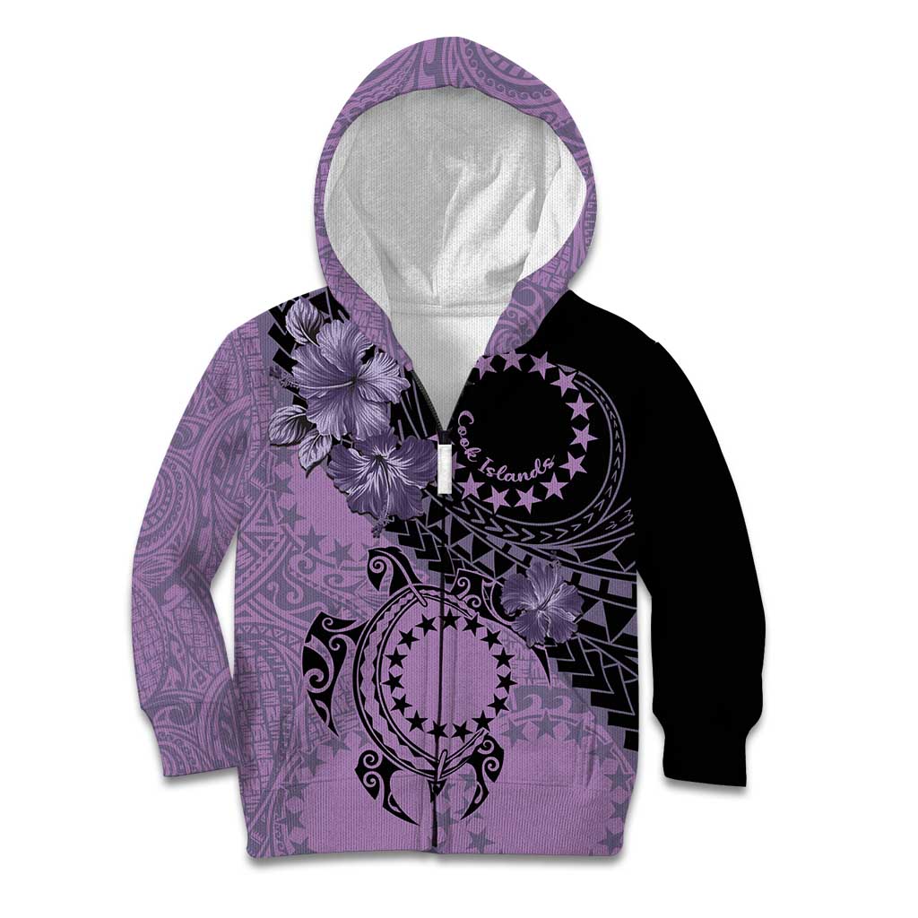Cook Islands Turtle Kid Hoodie Stars and Hibiscus - Purple LT01 Zip Hoodie Purple - Polynesian Pride