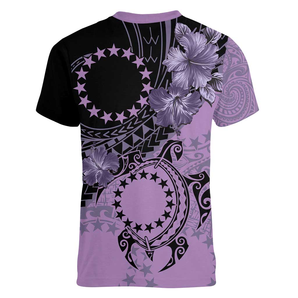 Cook Islands Turtle Women V-Neck T-Shirt Stars and Hibiscus - Purple