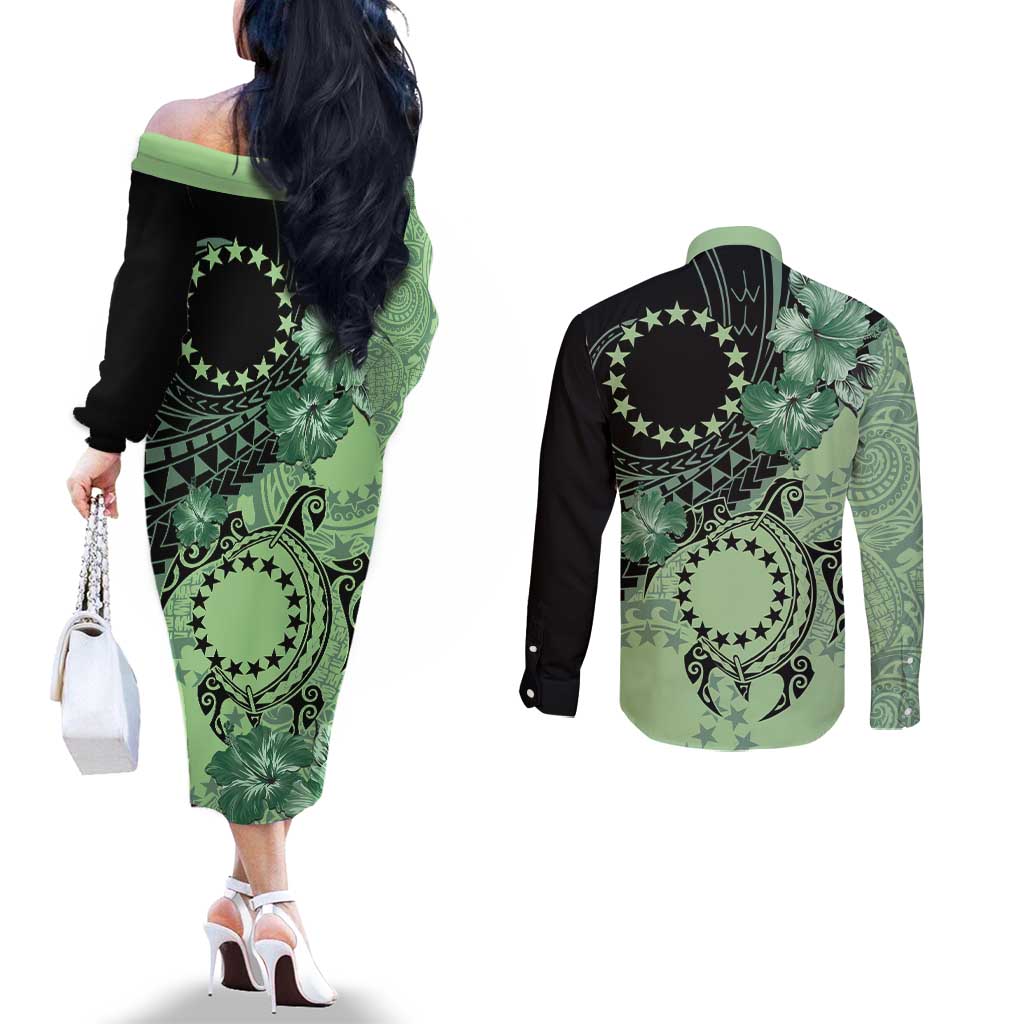 Cook Islands Turtle Couples Matching Off The Shoulder Long Sleeve Dress and Long Sleeve Button Shirt Stars and Hibiscus - Green LT01 - Polynesian Pride