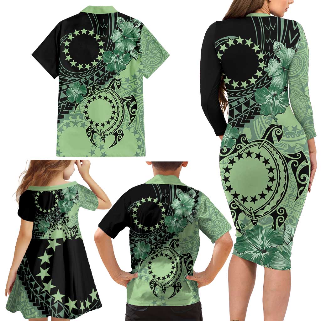 Cook Islands Turtle Family Matching Long Sleeve Bodycon Dress and Hawaiian Shirt Stars and Hibiscus - Green LT01 - Polynesian Pride