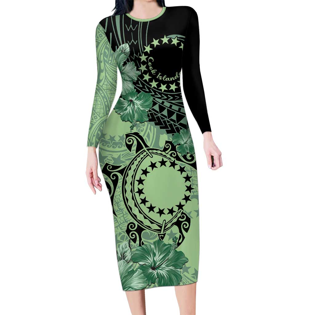 Cook Islands Turtle Family Matching Long Sleeve Bodycon Dress and Hawaiian Shirt Stars and Hibiscus - Green LT01 Mom's Dress Green - Polynesian Pride