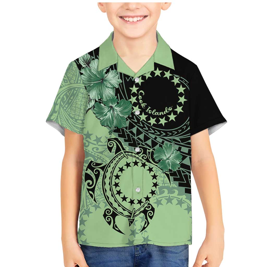 Cook Islands Turtle Family Matching Mermaid Dress and Hawaiian Shirt Stars and Hibiscus - Green LT01 Son's Shirt Green - Polynesian Pride