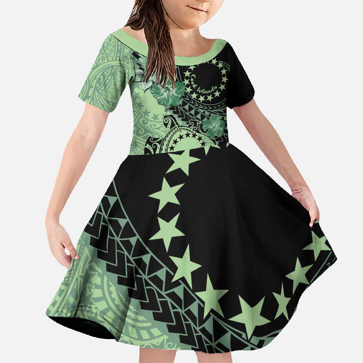 Cook Islands Turtle Family Matching Off The Shoulder Long Sleeve Dress and Hawaiian Shirt Stars and Hibiscus - Green LT01 Daughter's Dress Green - Polynesian Pride