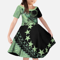 Cook Islands Turtle Family Matching Off The Shoulder Long Sleeve Dress and Hawaiian Shirt Stars and Hibiscus - Green LT01 Daughter's Dress Green - Polynesian Pride