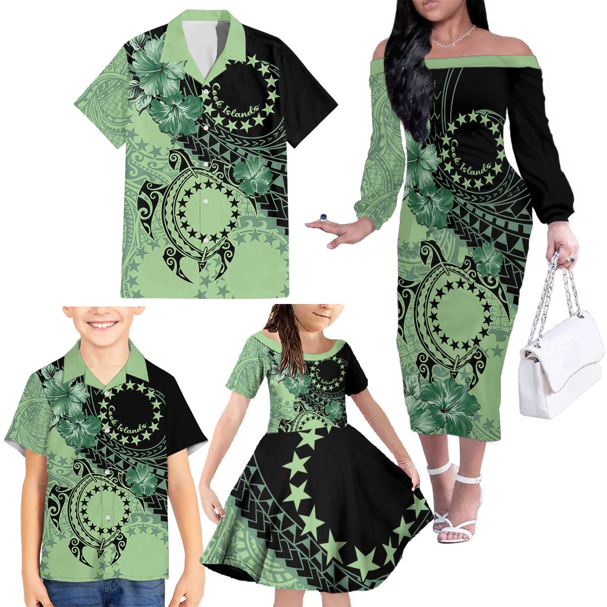 Cook Islands Turtle Family Matching Off The Shoulder Long Sleeve Dress and Hawaiian Shirt Stars and Hibiscus - Green LT01 - Polynesian Pride