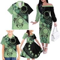 Cook Islands Turtle Family Matching Off The Shoulder Long Sleeve Dress and Hawaiian Shirt Stars and Hibiscus - Green LT01 - Polynesian Pride