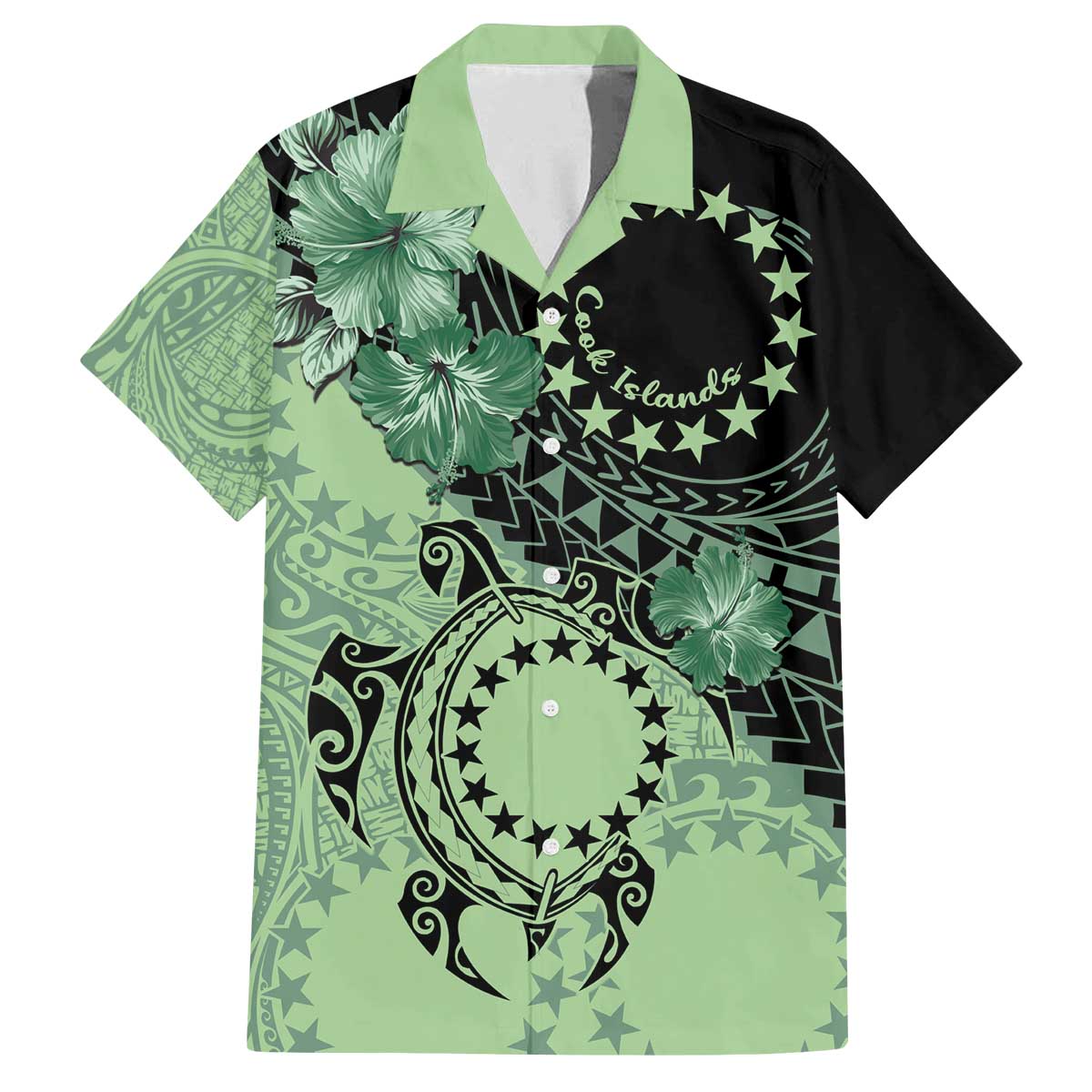 Cook Islands Turtle Family Matching Off The Shoulder Long Sleeve Dress and Hawaiian Shirt Stars and Hibiscus - Green LT01 Dad's Shirt - Short Sleeve Green - Polynesian Pride