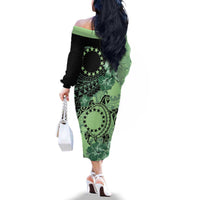 Cook Islands Turtle Family Matching Off The Shoulder Long Sleeve Dress and Hawaiian Shirt Stars and Hibiscus - Green LT01 - Polynesian Pride