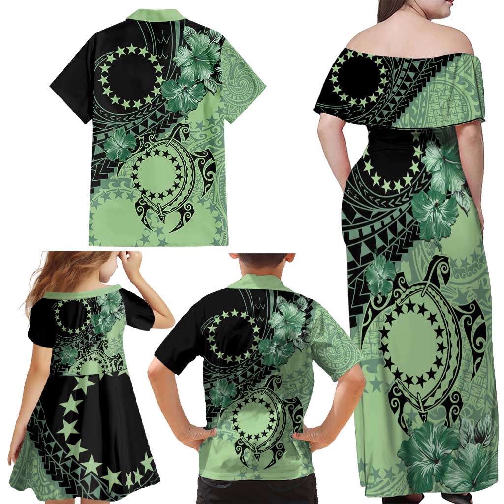 Cook Islands Turtle Family Matching Off Shoulder Maxi Dress and Hawaiian Shirt Stars and Hibiscus - Green LT01 - Polynesian Pride