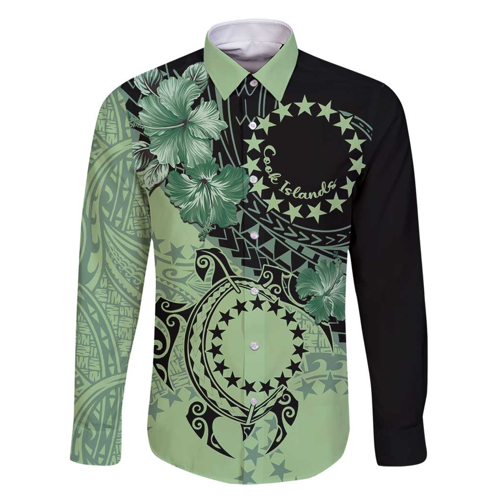 Cook Islands Turtle Family Matching Off Shoulder Maxi Dress and Hawaiian Shirt Stars and Hibiscus - Green LT01 Dad's Shirt - Long Sleeve Green - Polynesian Pride