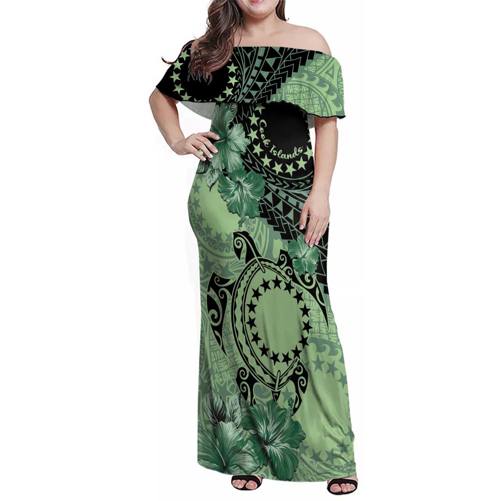 Cook Islands Turtle Family Matching Off Shoulder Maxi Dress and Hawaiian Shirt Stars and Hibiscus - Green LT01 Mom's Dress Green - Polynesian Pride