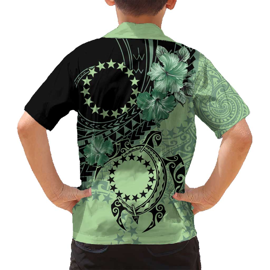 Cook Islands Turtle Family Matching Off Shoulder Short Dress and Hawaiian Shirt Stars and Hibiscus - Green LT01 - Polynesian Pride