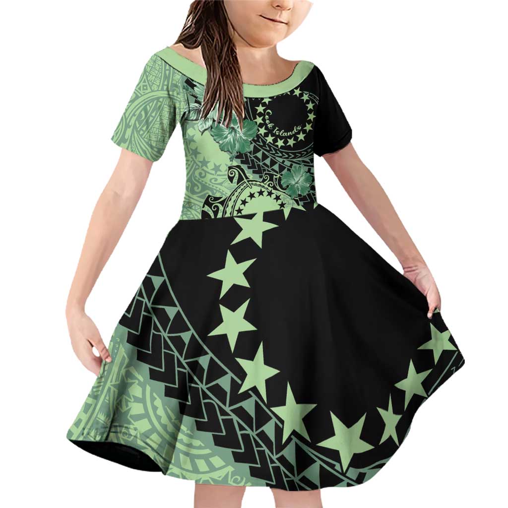 Cook Islands Turtle Family Matching Off Shoulder Short Dress and Hawaiian Shirt Stars and Hibiscus - Green LT01 Daughter's Dress Green - Polynesian Pride