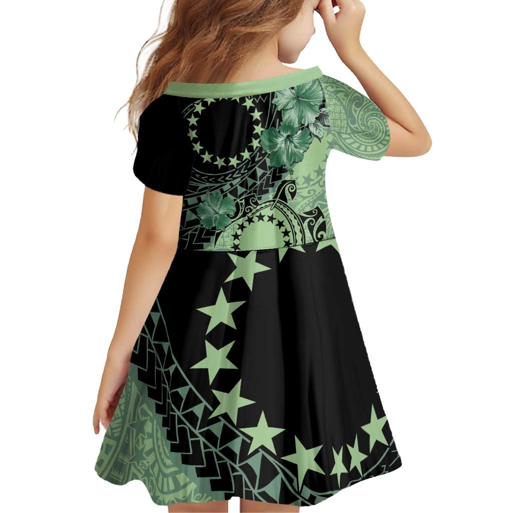 Cook Islands Turtle Family Matching Off Shoulder Short Dress and Hawaiian Shirt Stars and Hibiscus - Green LT01 - Polynesian Pride