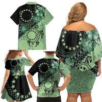 Cook Islands Turtle Family Matching Off Shoulder Short Dress and Hawaiian Shirt Stars and Hibiscus - Green LT01 - Polynesian Pride