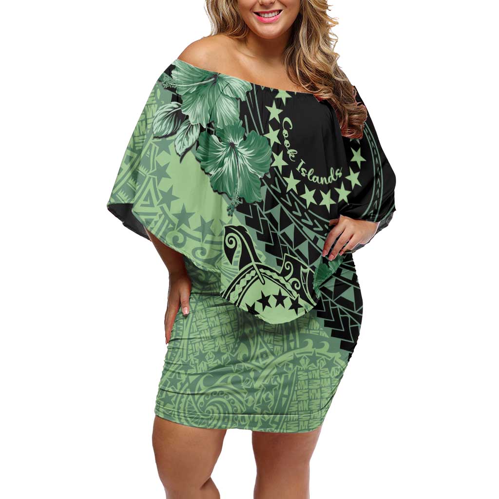 Cook Islands Turtle Family Matching Off Shoulder Short Dress and Hawaiian Shirt Stars and Hibiscus - Green LT01 Mom's Dress Green - Polynesian Pride