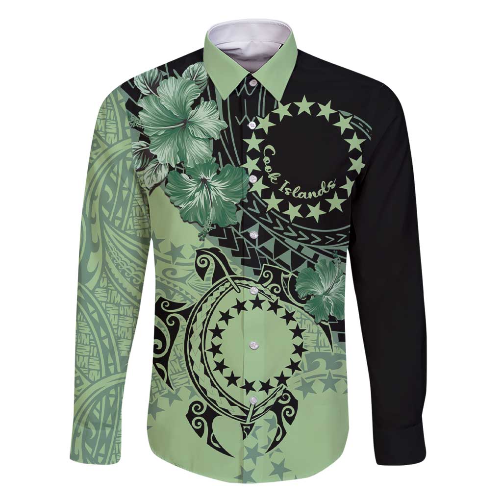 Cook Islands Turtle Family Matching Short Sleeve Bodycon Dress and Hawaiian Shirt Stars and Hibiscus - Green LT01 Dad's Shirt - Long Sleeve Green - Polynesian Pride