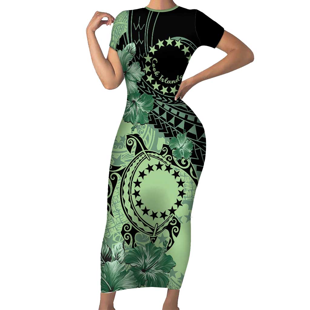 Cook Islands Turtle Family Matching Short Sleeve Bodycon Dress and Hawaiian Shirt Stars and Hibiscus - Green LT01 Mom's Dress Green - Polynesian Pride