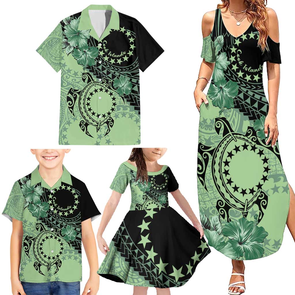 Cook Islands Turtle Family Matching Summer Maxi Dress and Hawaiian Shirt Stars and Hibiscus - Green LT01 - Polynesian Pride