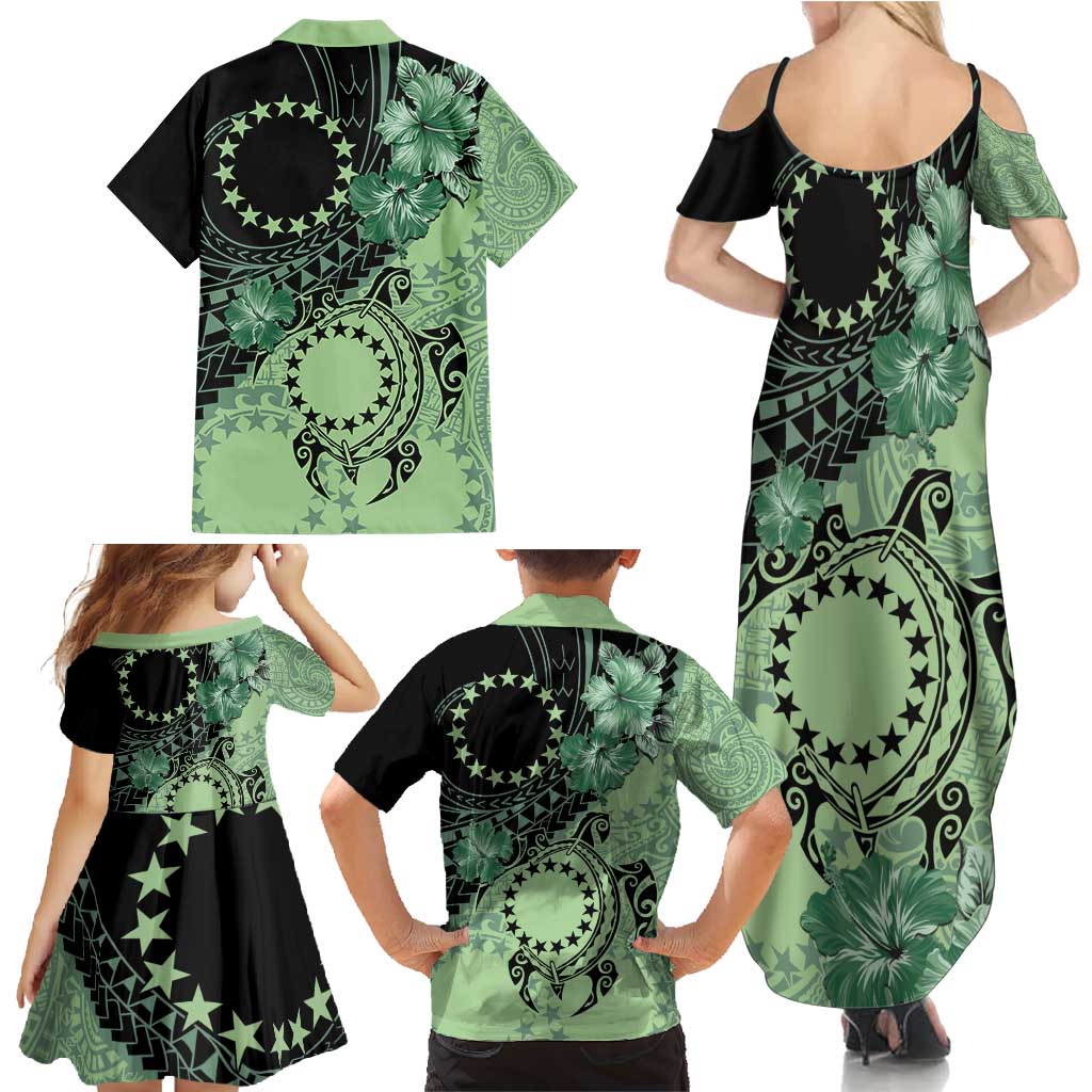 Cook Islands Turtle Family Matching Summer Maxi Dress and Hawaiian Shirt Stars and Hibiscus - Green LT01 - Polynesian Pride