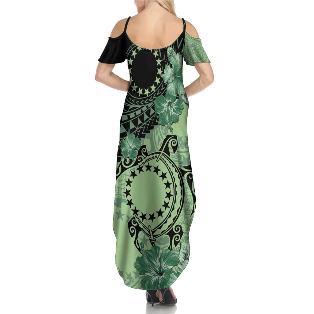 Cook Islands Turtle Family Matching Summer Maxi Dress and Hawaiian Shirt Stars and Hibiscus - Green LT01 - Polynesian Pride