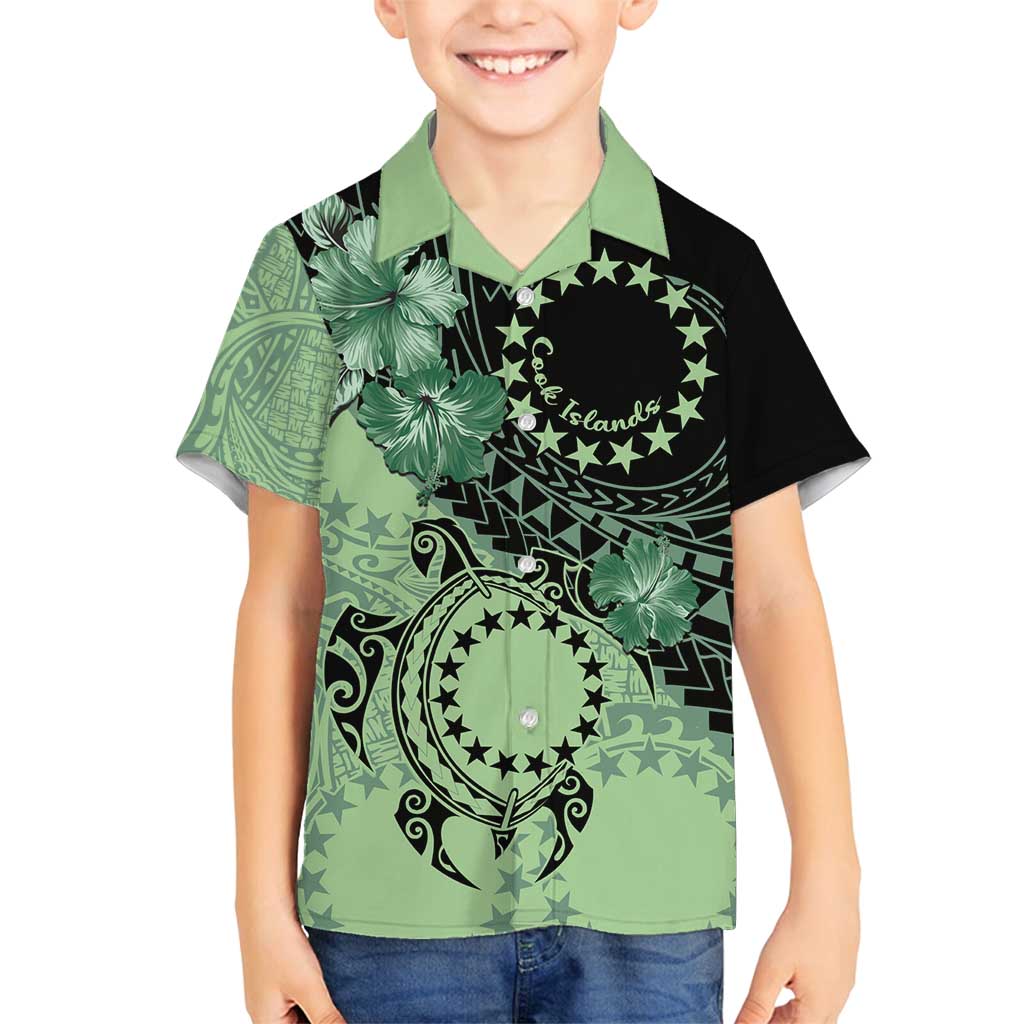 Cook Islands Turtle Family Matching Tank Maxi Dress and Hawaiian Shirt Stars and Hibiscus - Green LT01 Son's Shirt Green - Polynesian Pride