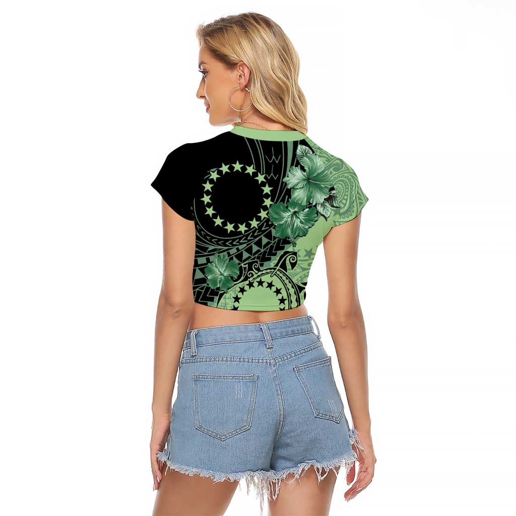 Cook Islands Turtle Raglan Cropped T Shirt Stars and Hibiscus - Green