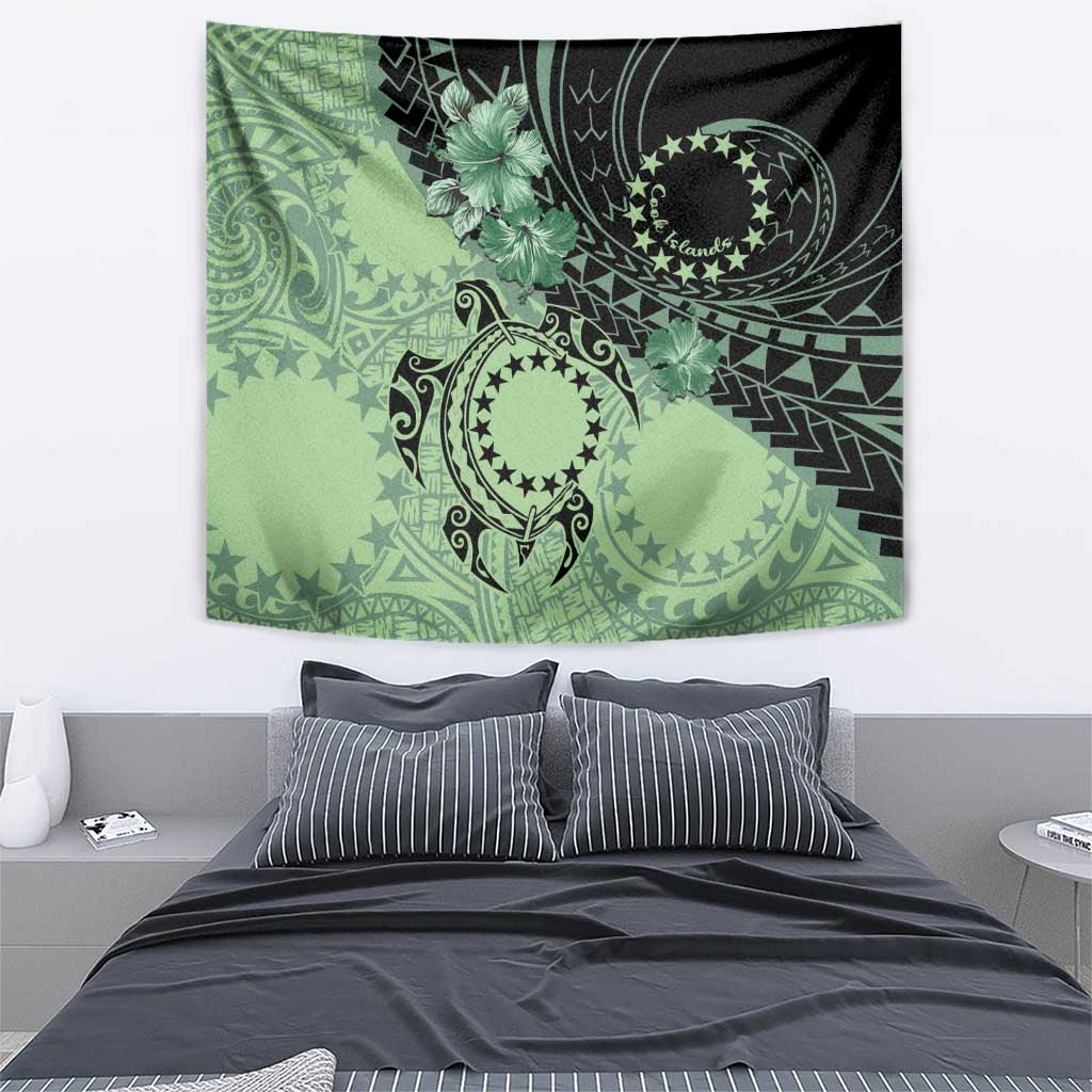 Cook Islands Turtle Tapestry Stars and Hibiscus - Green