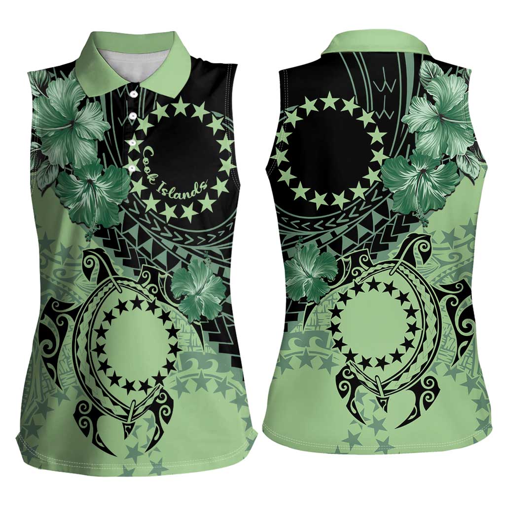 Cook Islands Turtle Women Sleeveless Polo Shirt Stars and Hibiscus - Green