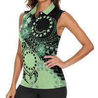 Cook Islands Turtle Women Sleeveless Polo Shirt Stars and Hibiscus - Green