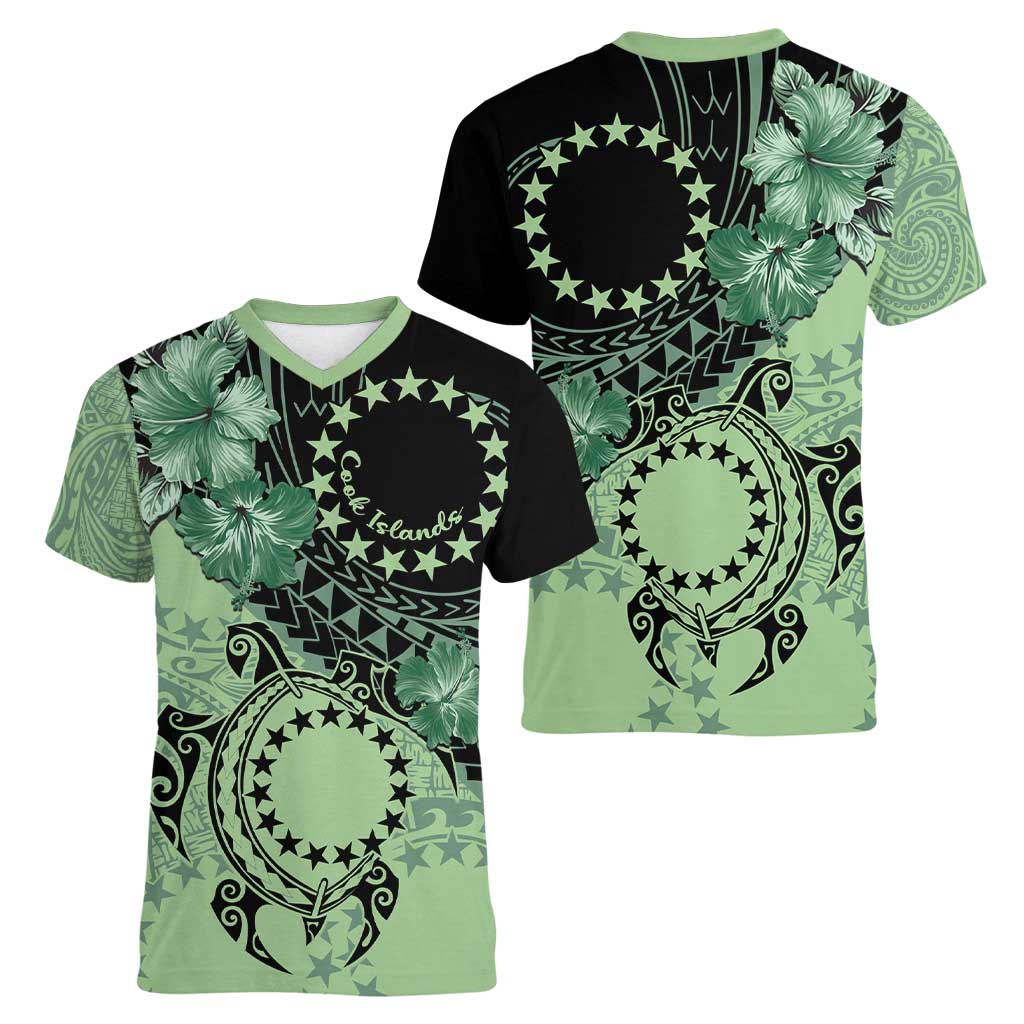 Cook Islands Turtle Women V-Neck T-Shirt Stars and Hibiscus - Green
