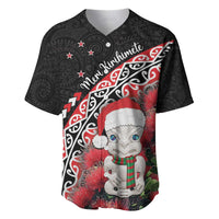 New Zealand Christmas Meri Kirihimete Baseball Jersey Santa Hei Tiki Pohutukawa LT01 Black - Polynesian Pride