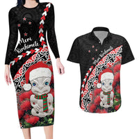 New Zealand Christmas Meri Kirihimete Couples Matching Long Sleeve Bodycon Dress and Hawaiian Shirt Santa Hei Tiki Pohutukawa LT01 Black - Polynesian Pride