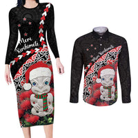 New Zealand Christmas Meri Kirihimete Couples Matching Long Sleeve Bodycon Dress and Long Sleeve Button Shirt Santa Hei Tiki Pohutukawa LT01 Black - Polynesian Pride