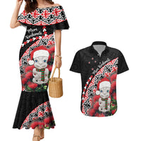 New Zealand Christmas Meri Kirihimete Couples Matching Mermaid Dress and Hawaiian Shirt Santa Hei Tiki Pohutukawa LT01 Black - Polynesian Pride