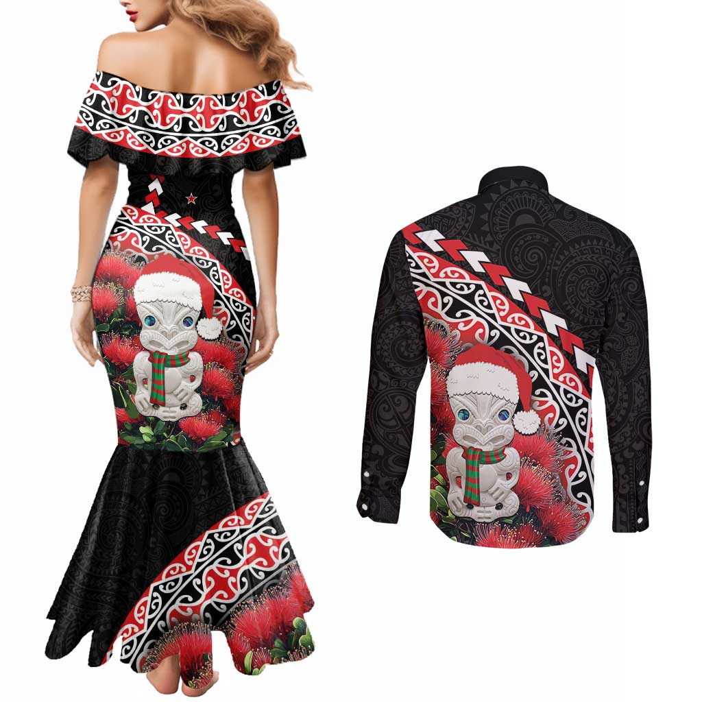 New Zealand Christmas Meri Kirihimete Couples Matching Mermaid Dress and Long Sleeve Button Shirt Santa Hei Tiki Pohutukawa LT01 - Polynesian Pride