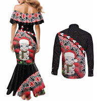 New Zealand Christmas Meri Kirihimete Couples Matching Mermaid Dress and Long Sleeve Button Shirt Santa Hei Tiki Pohutukawa LT01 - Polynesian Pride