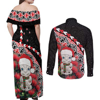 New Zealand Christmas Meri Kirihimete Couples Matching Off Shoulder Maxi Dress and Long Sleeve Button Shirt Santa Hei Tiki Pohutukawa LT01 - Polynesian Pride