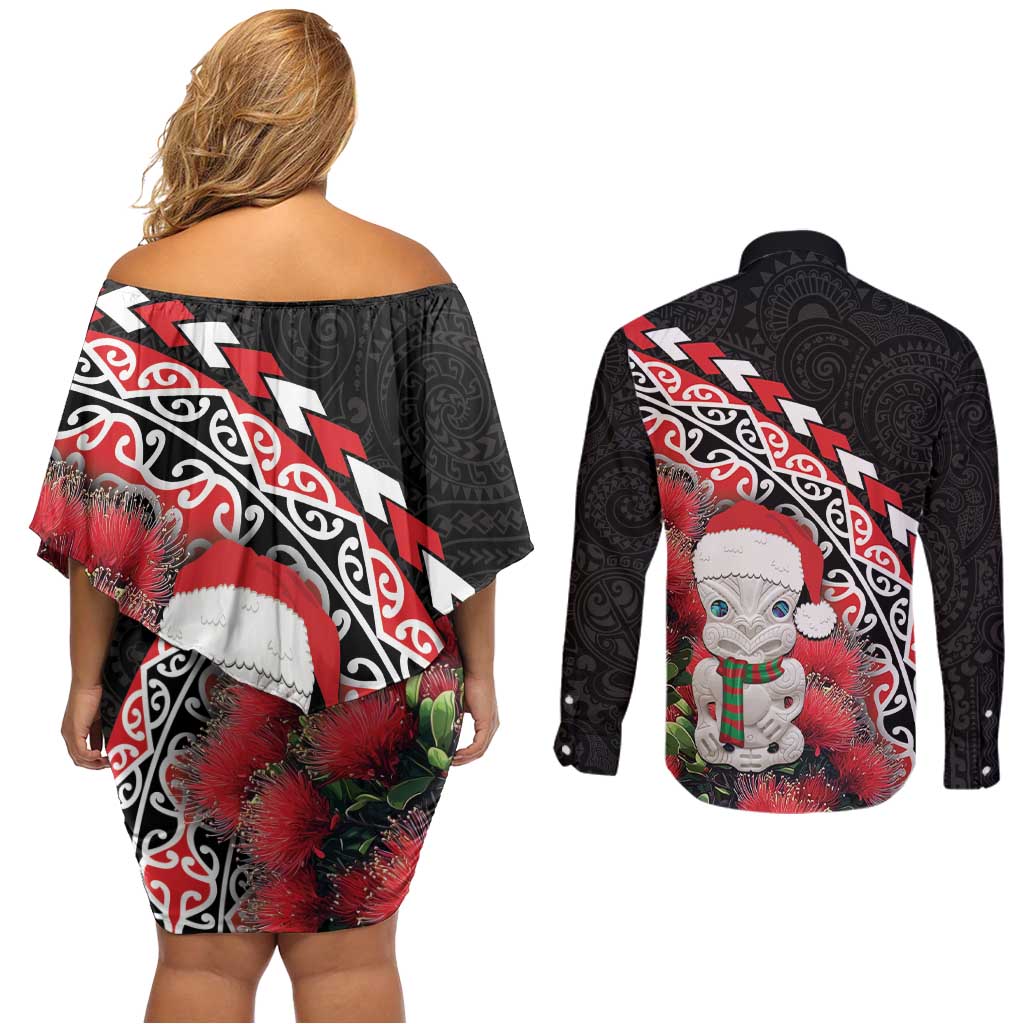New Zealand Christmas Meri Kirihimete Couples Matching Off Shoulder Short Dress and Long Sleeve Button Shirt Santa Hei Tiki Pohutukawa LT01 - Polynesian Pride