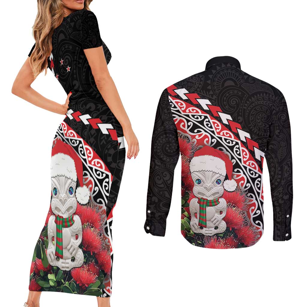 New Zealand Christmas Meri Kirihimete Couples Matching Short Sleeve Bodycon Dress and Long Sleeve Button Shirt Santa Hei Tiki Pohutukawa LT01 - Polynesian Pride